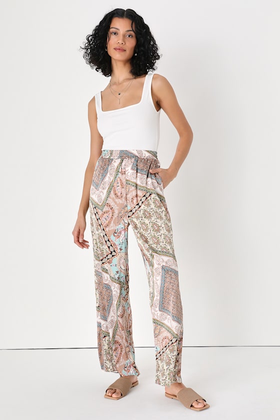 Ivory Multi Pants Scarf Print Pants Satin WideLeg Pants Lulus