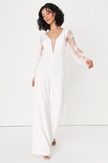 Precious Elegance Ivory Embroidered Long Sleeve Jumpsuit