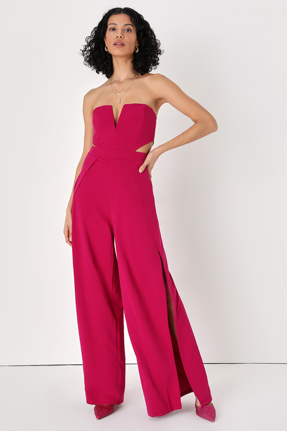 Lulus Make Your Statement Magenta Strapless Cutout Wide-leg Jumpsuit In Hot Pink