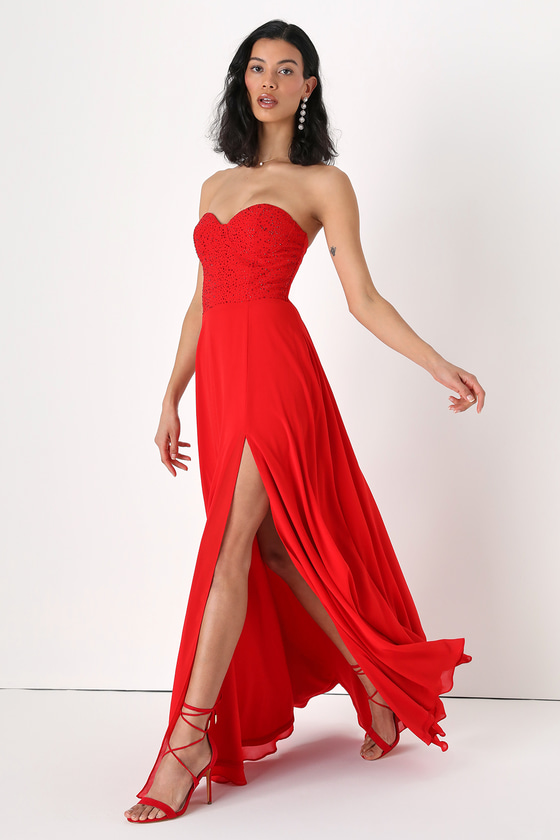 Lulus Remember This Moment Red Rhinestone Strapless Maxi Dress