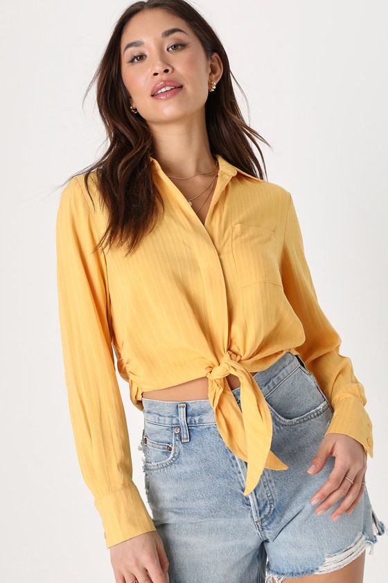 Yellow Embroidered Top - Tie-Front Shirt - Cropped Button-Up Top - Lulus