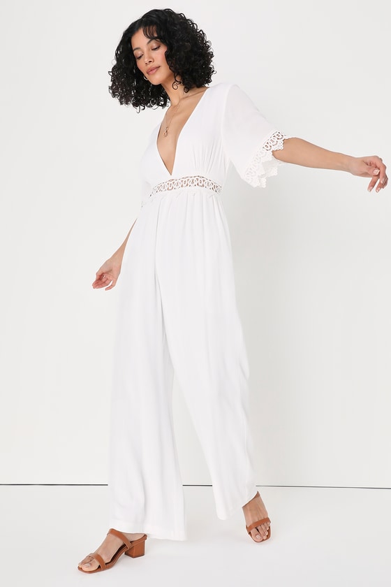 Pretty White Jumpsuit - Crochet Lace Jumpsuit - Wide-Leg Jumpsuit - Lulus