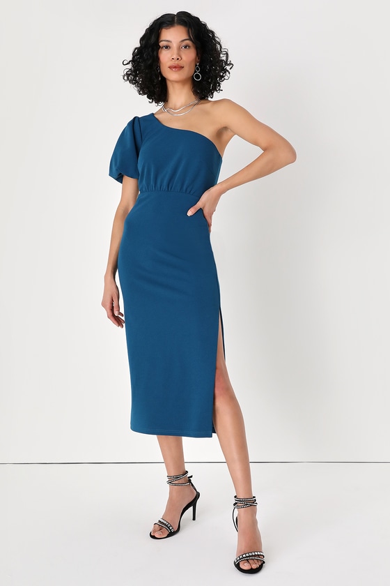 Lulus Ultimate Poise Teal Blue One-shoulder Midi Dress