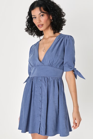 Absolutely Sweet Blue Button-Up Short Sleeve Mini Dress