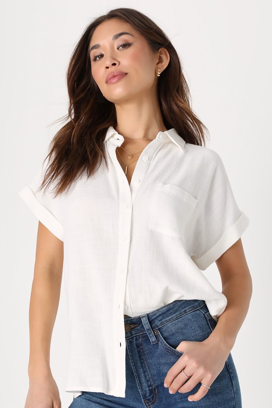 White Short Sleeve Top - Button-Up Top - Linen Button-Up Top - Lulus