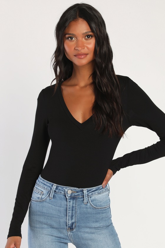 Black V-Neck Bodysuit - Long Sleeve Bodysuit - Simple Bodysuit - Lulus