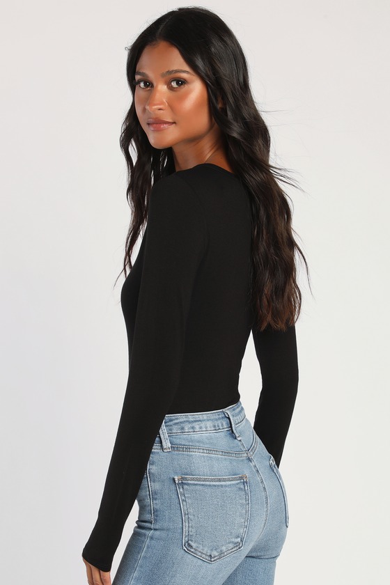 Black V-Neck Bodysuit - Long Sleeve Bodysuit - Simple Black V-Neck Bodysuit - Long Sleeve Bodysuit - Simple