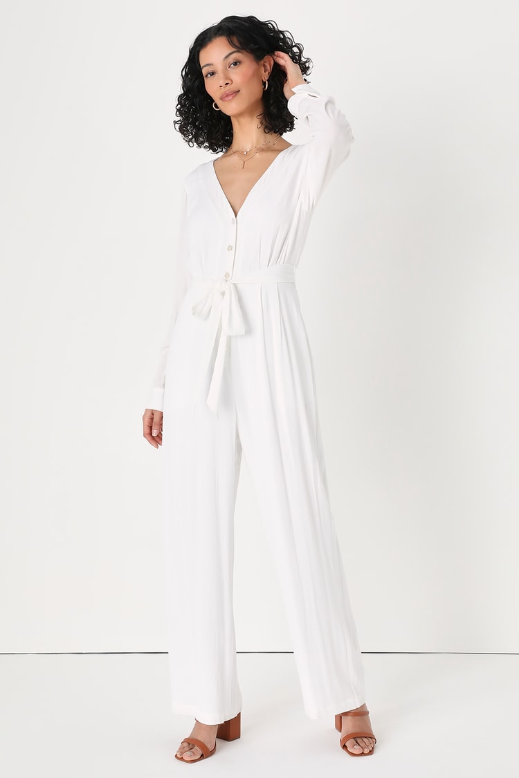 Seaside Vacation Ivory Button-Front Long Sleeve Jumpsuit