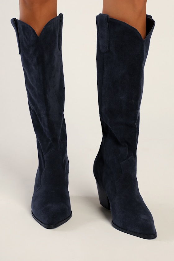 Luannie Navy Blue Suede Pointed-Toe Knee-High Boots 2