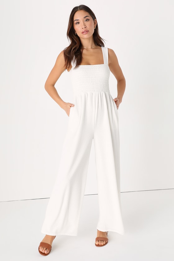 Lulus Social Calendar White Ribbed Knit Wide Leg Jumpsuit