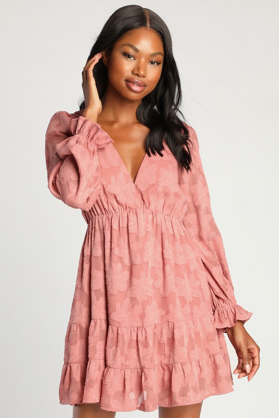 Mauve Mini Dress - Floral Burnout Mini Dress - Long Sleeve Dress - Lulus
