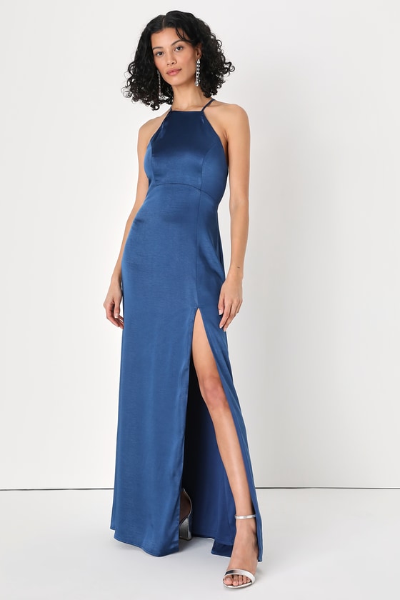 Lulus Born To Captivate Blue Satin Backless Maxi Dress