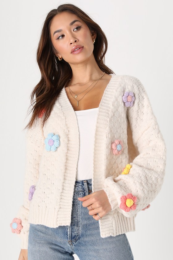 Chosen Charm Cream Knit Open-Front Embroidered Shrug Sweater