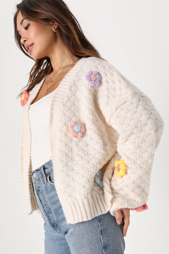 Chosen Charm Cream Knit Open-Front Embroidered Shrug Sweater