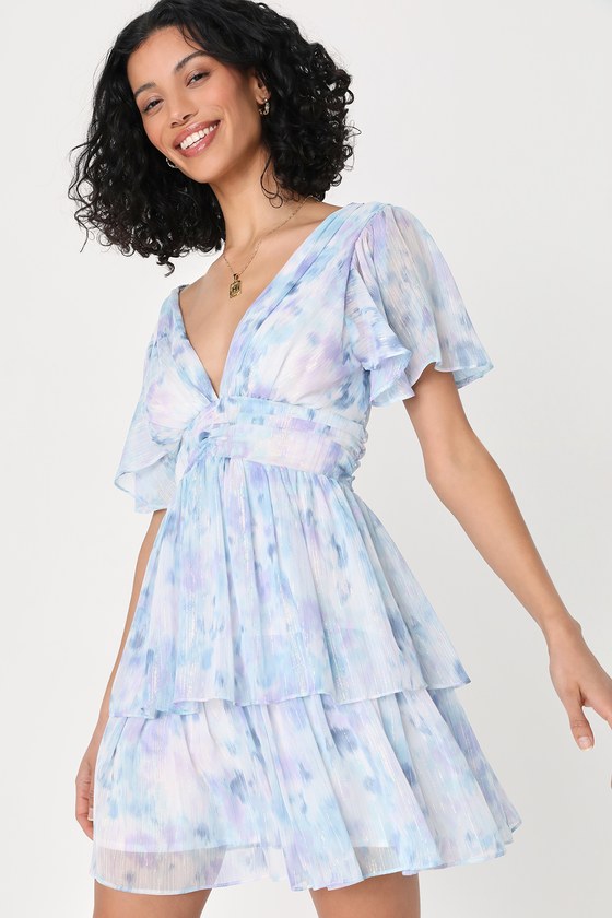 Lulus Sunny Evenings Blue Multi Lurex Flutter Sleeve Mini Dress