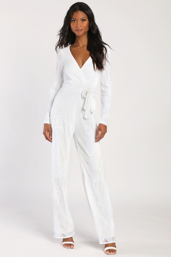 White Sequin Jumpsuit - Long Sleeve Jumpsuit - Bridal Jumpsuit - Lulus