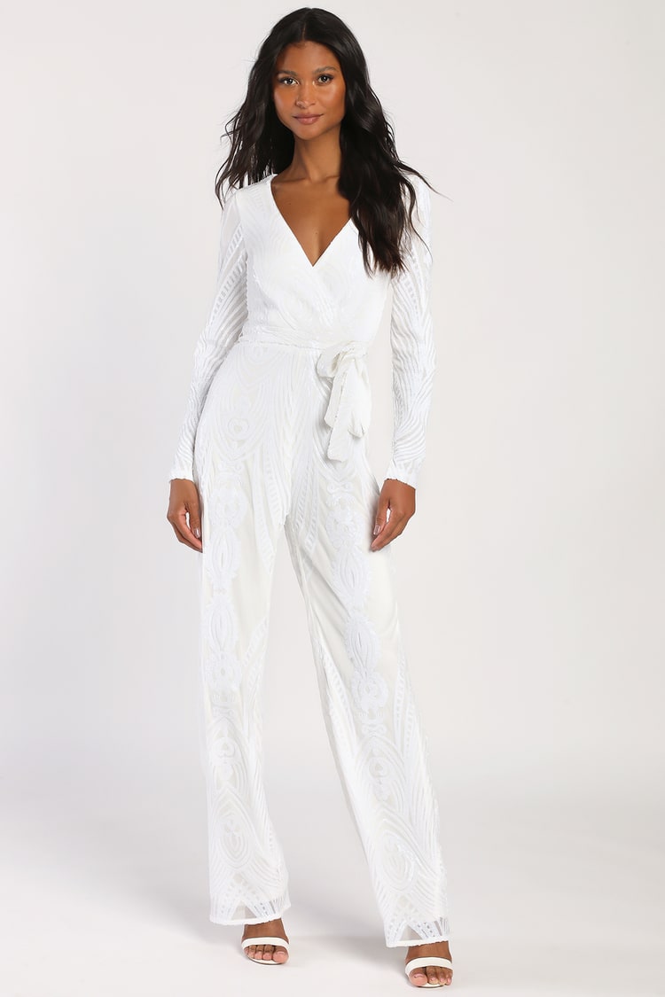 Magical Muse White Sequin Long Sleeve Wide-Leg Jumpsuit