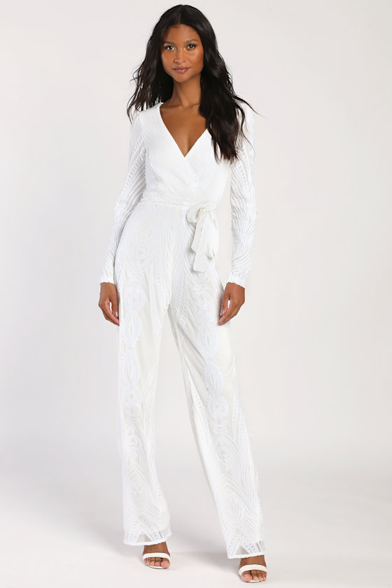 Magical Muse White Sequin Long Sleeve Wide-Leg Jumpsuit 10