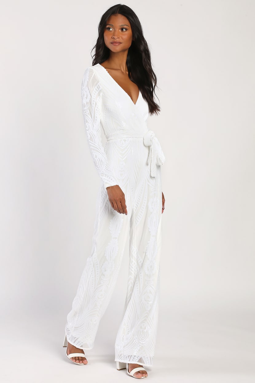White Sequin Jumpsuit - Long Sleeve Jumpsuit - Bridal Jumpsuit - Lulus