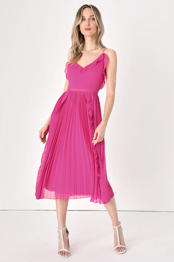 Magenta TieStrap Dress Pleated Dress Backless Midi Dress Lulus