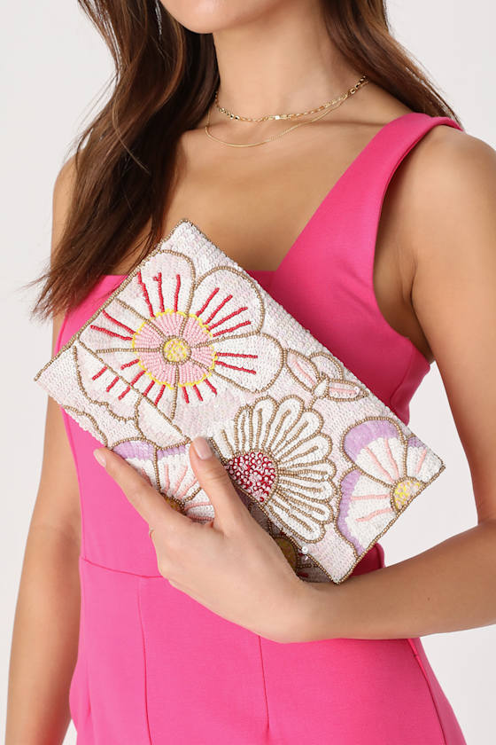 Bead Beautiful Blush Pink Multi Floral Beaded Clutch 1