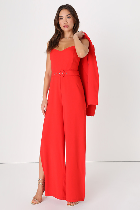 Red 2-PC Jumpsuit - Jumpsuit and Blazer Set - Belted Jumpsuit - Lulus