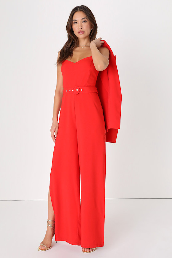 Red 2PC Jumpsuit Jumpsuit and Blazer Set Belted Jumpsuit Lulus