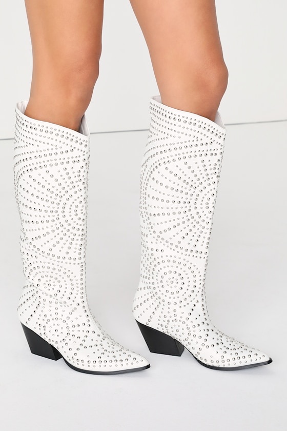 Zachariah White Studded Pointed-Toe Knee-High Western Boots 1