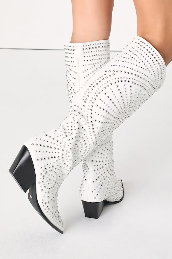 Zachariah White Studded Pointed-Toe Knee-High Western Boots 5