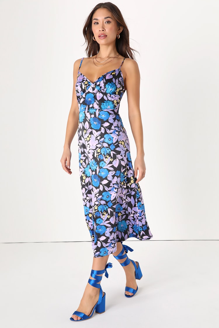 Going for Bold Blue Floral Satin Tie-Back Midi Dress