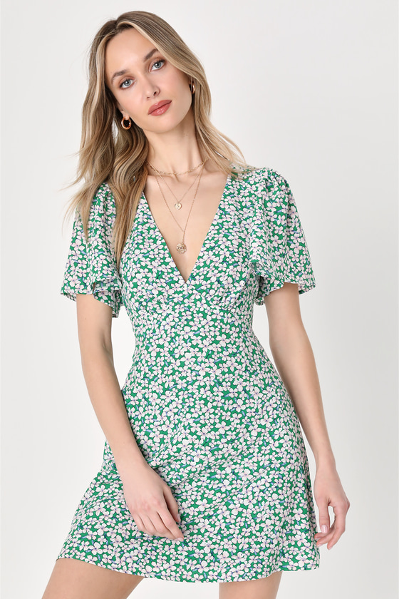 Green Floral Print Dress - Flutter Sleeve Dress - Mini Dress - Lulus