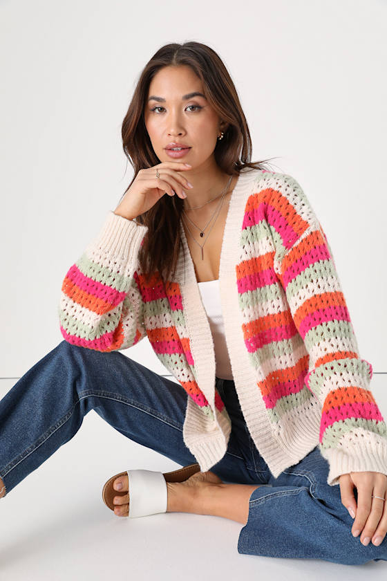 Lulus Glowing Cutie Ivory Multi Long Sleeve Cardigan Sweater