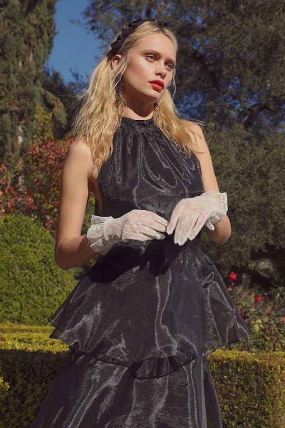 Perfect Beauty Black Organza Backless Tiered Maxi Dress 7