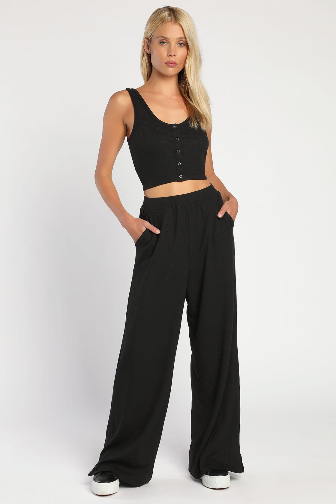Wide-Leg Lounge Pants - Black Lounge Set - Ribbed Knit Pants - Lulus
