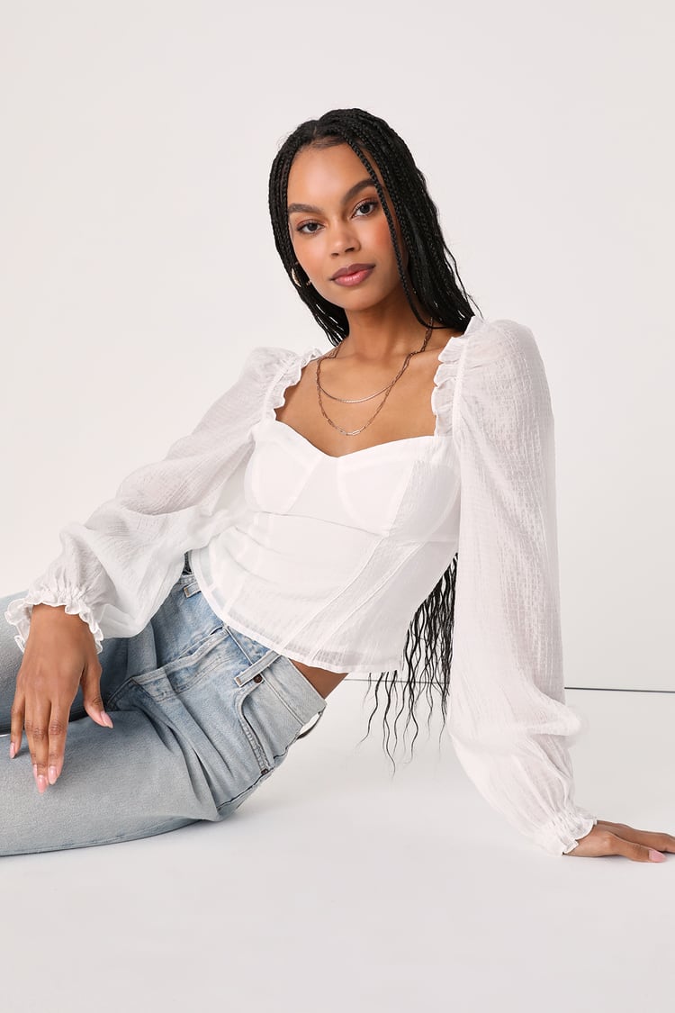 White Ruffled Top - Long Sleeve Blouse - Bustier - Cute Top