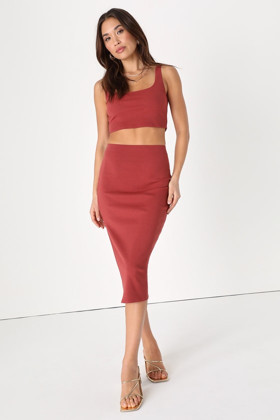 Rust Red Two-Piece Dress - Ribbed Bodycon Dress - 2-PC Dress Set - Lulus