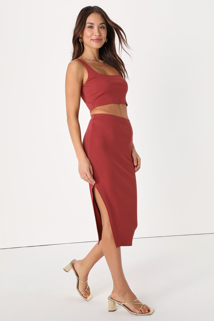 Rust Red Two-Piece Dress - Ribbed Bodycon Dress - 2-PC Dress Set