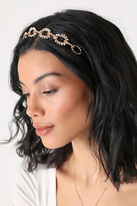 Pretty Gold Headband Chain Link Headband Pearl Headband Lulus