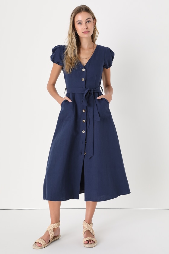 Linen-Cotton Blend Dress - Navy Midi Dress - Button-Front Dress - Lulus