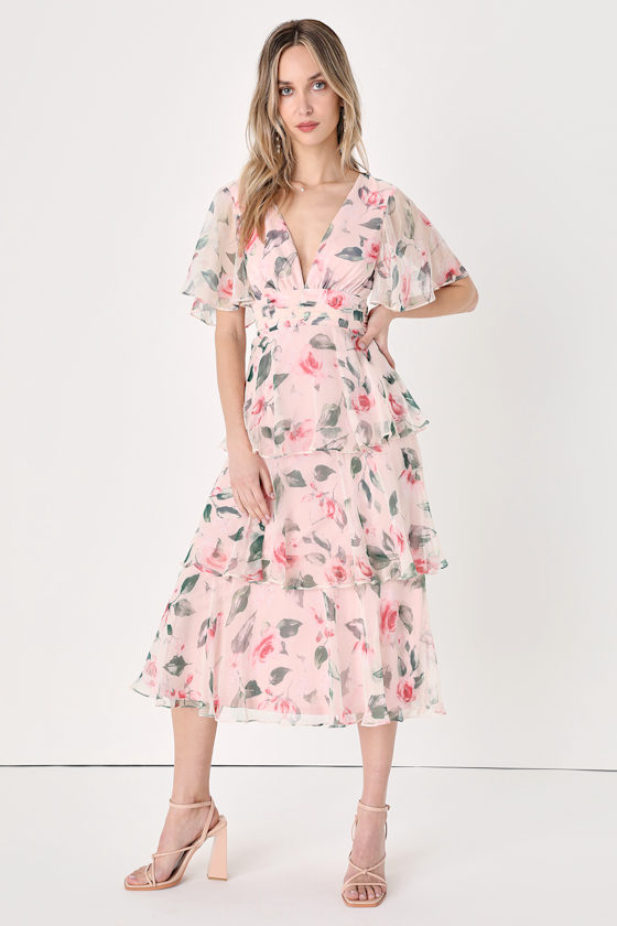 Floral Print Midi Dress Tiered Midi Dress Blush Pink Dress Lulus
