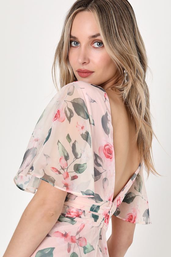 Marvelous Charm Blush Floral Flutter Sleeve Tiered Midi Dress 8