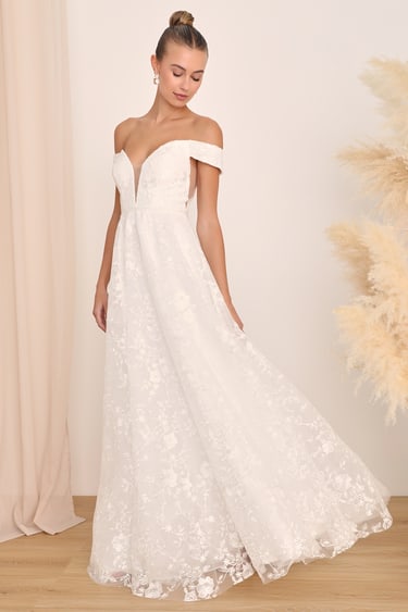 Fairytale Love Story White Lace Off-the-Shoulder Bridal Maxi Dress