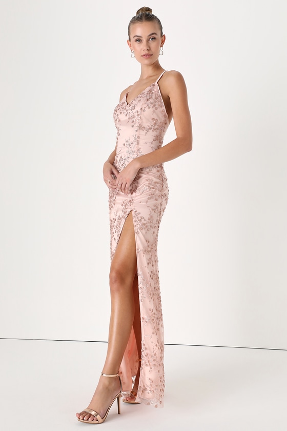 JVN07590 Pink Sequin High Slit V Neck Prom Dress | NorasBridalBoutiqueNY