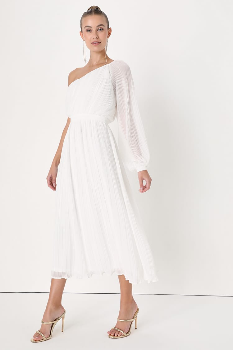 White Midi Dress - One-Shoulder Dress - Pleated Dress - Midi - Lulus