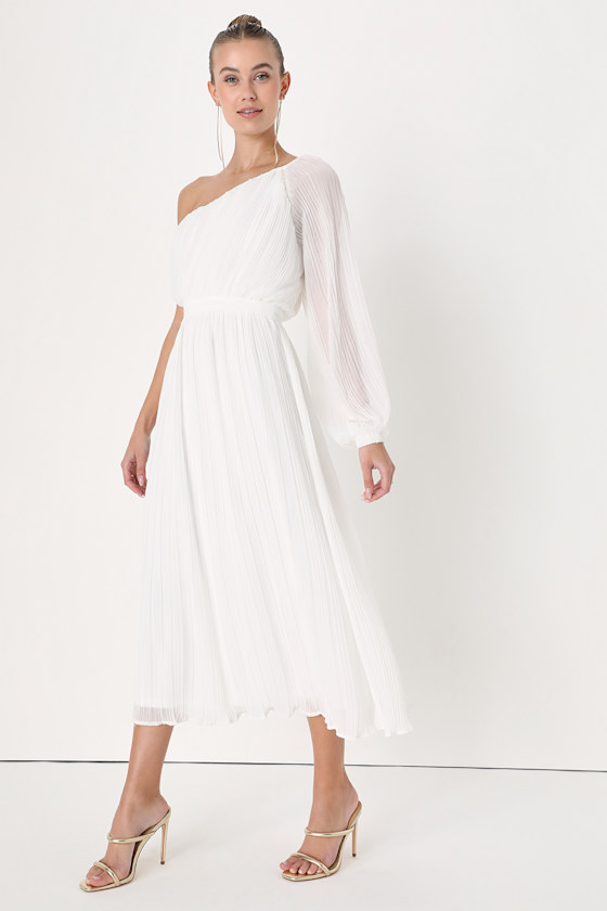 Always Loving You White Pleated One-Shoulder Midi Dress 6