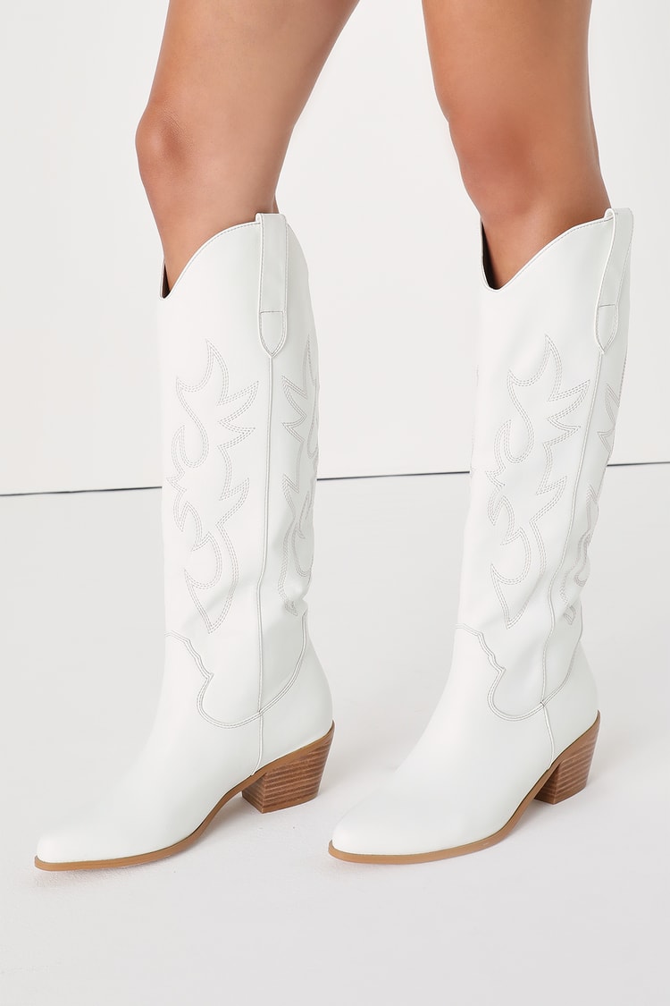 Urson White Pointed-Toe Knee High Boots