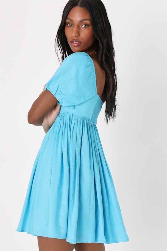 Puff Sleeve Mini Dress Blue Babydoll Dress White Day Dress Lulus