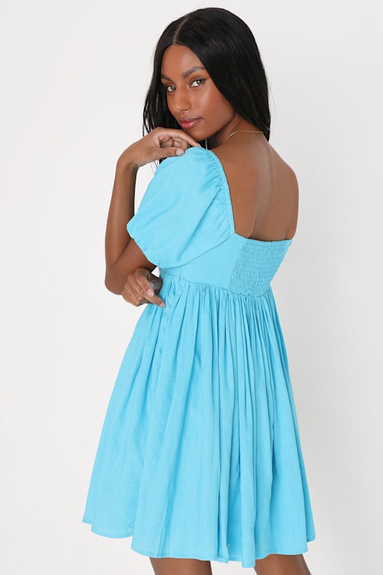Puff Sleeve Mini Dress Blue Babydoll Dress Blue Day Dress Lulus