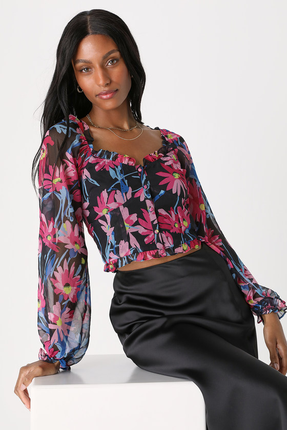 Floral long sleeve clearance crop top