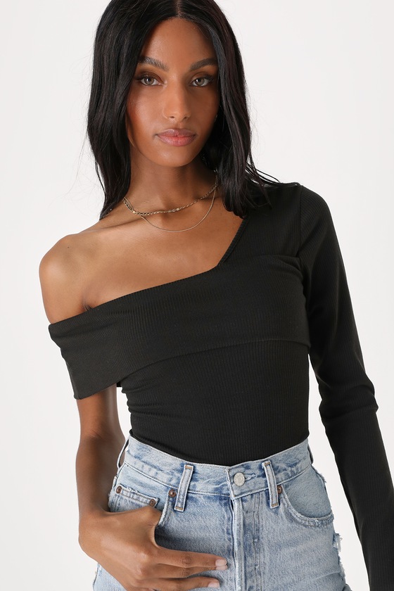 Black Bodysuit - One-Shoulder Bodysuit - Ribbed Knit Bodysuit - Lulus